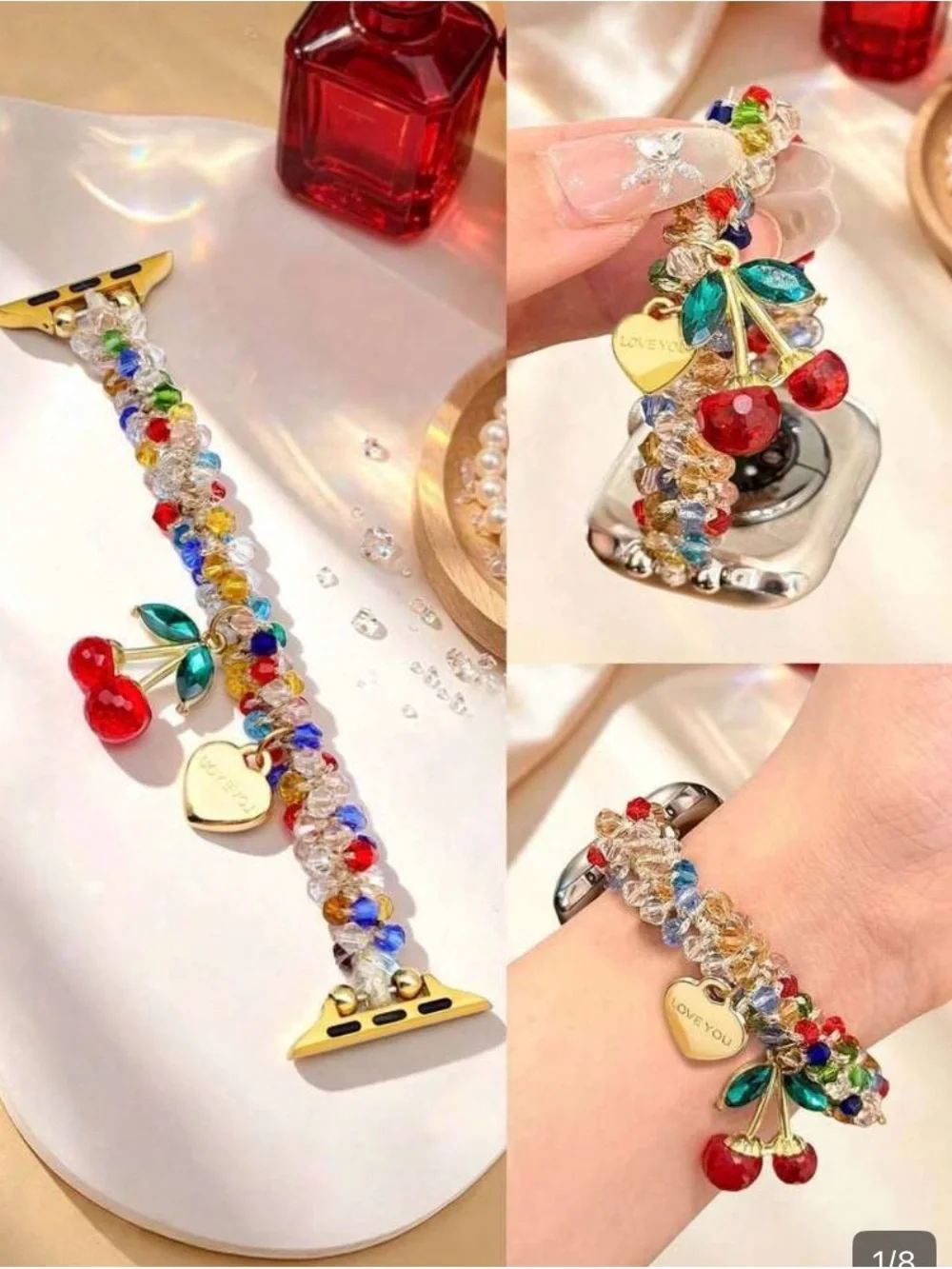 Gold Smartwatch with Multicolor Beaded Charm Band — Heart 'LOVE YOU' Accent